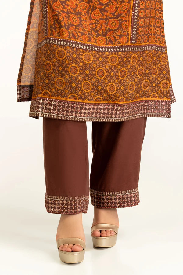 3PC Raw silk Printed Suit With Embroidered IUSTKSD-1096