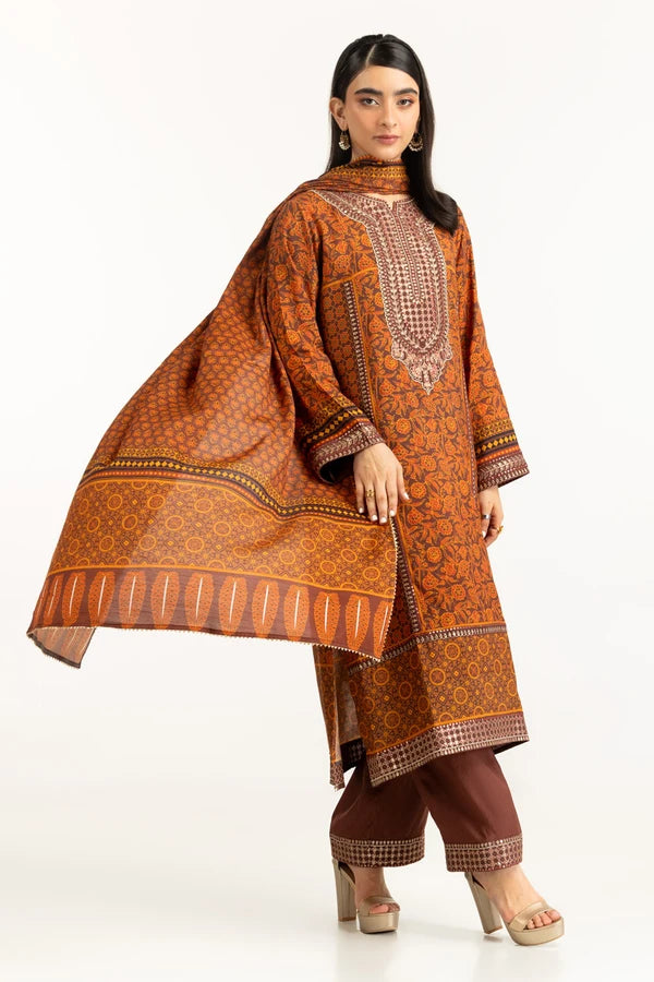 3PC Raw silk Printed Suit With Embroidered IUSTKSD-1096