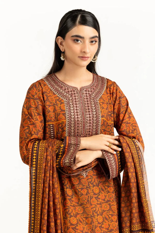 3PC Raw silk Printed Suit With Embroidered IUSTKSD-1096